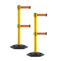 Crowd Control Warehouse CCW Set of 2 Retractable Dual Belt Stanchion Safety Barrier, Heavy-Duty Rubber Base Yellow Post, WBB-200D (7.5 Foot Belt, Orange Belt)