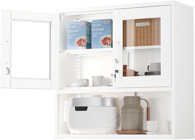 VINGLI Metal Wall Cabinet with Locking Glass Doors, Adjustable Shelf, Wall Mounted Storage Display Cabinets for Garage, Kitchen, Home Office, Warehouse, Living Room, White