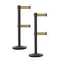 Crowd Control Warehouse CCW Set of 2 Dual Retractable Belt Barrier Stanchion, Cast Iron Base Black Post, IRBB-100D (7.5 Belt, Black with Yellow Horizontal Stripe Belt)