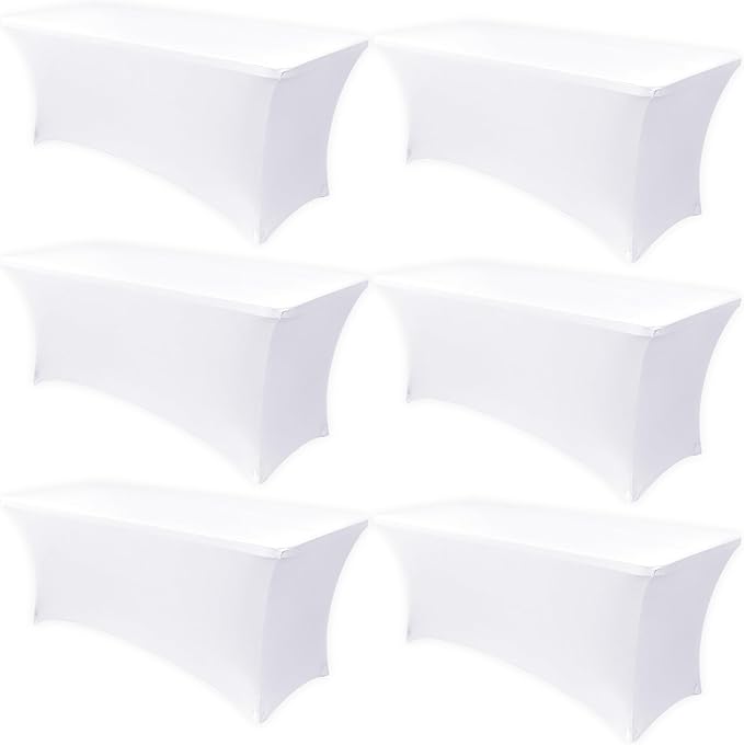 Obstal 6 Pack Stretch Spandex Table Covers for 6 Foot Tables - 6 FT Universal Rectangular Fitted Tablecloth Protector for Wedding, Banquet, Party (White, 72 Length x 30 Width x 30 Height Inches)