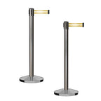 CCW Series RBB-100 - Set of 2 Stanchion Retractable Belt Barriers (7.5 Foot Belt, Yellow with Horizontal Reflective Stripe Belt with Satin Stainless Steel Post)