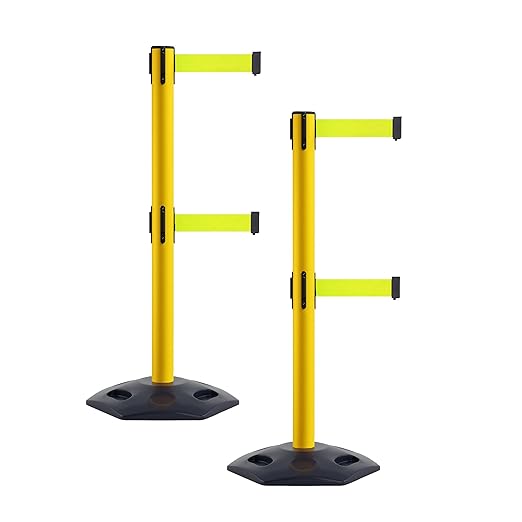 Crowd Control Warehouse CCW Set of 2 Retractable Dual Belt Stanchion Safety Barrier, Heavy-Duty Rubber Base Yellow Post, WBB-200D (7.5 Foot Belt, Fluorescent Yellow Belt)