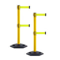 Crowd Control Warehouse CCW Set of 2 Retractable Dual Belt Stanchion Safety Barrier, Heavy-Duty Rubber Base Yellow Post, WBB-200D (9 Foot Belt, Fluorescent Yellow Belt)