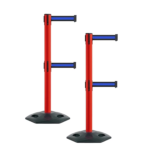 Montour Line MSR630D Set of 2 Retractable Belt Barrier Stanchion, Heavy-Duty Rubber Base, Red Post (7.5 ft Black with Horizontal Blue Stripe Dual Belt)