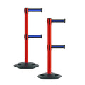 Montour Line MSR630D Set of 2 Retractable Belt Barrier Stanchion, Heavy-Duty Rubber Base, Red Post (7.5 ft Black with Horizontal Blue Stripe Dual Belt)