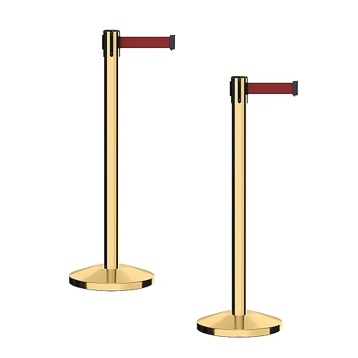 CCW Series RBB-100 - Set of 2 Stanchion Retractable Belt Barriers (9 Foot Belt, Maroon Belt with Polished Brass Post)