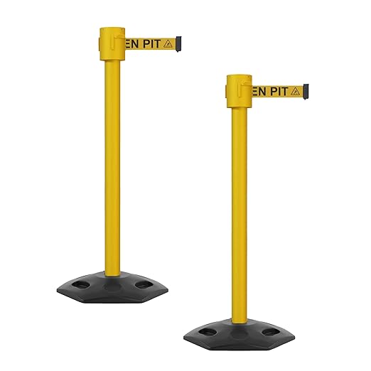 Montour Line MSR760 Set of 2 Retractable Belt Barrier Stanchion, Rubber Base, Yellow Post (35 ft Yellow with"Beware Open Pit" Black Letter Open Pit Logo Belt)