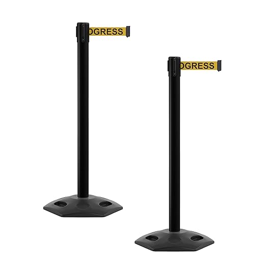 CCW Series WBB-200 Set of 2 Outdoor Safety Rubber Base Stanchion Retractable Belt Barriers - Easy to Assemble (11 Foot Belt, Yellow with"Cleaning in Progress" Black Letters Belt with Black Post)