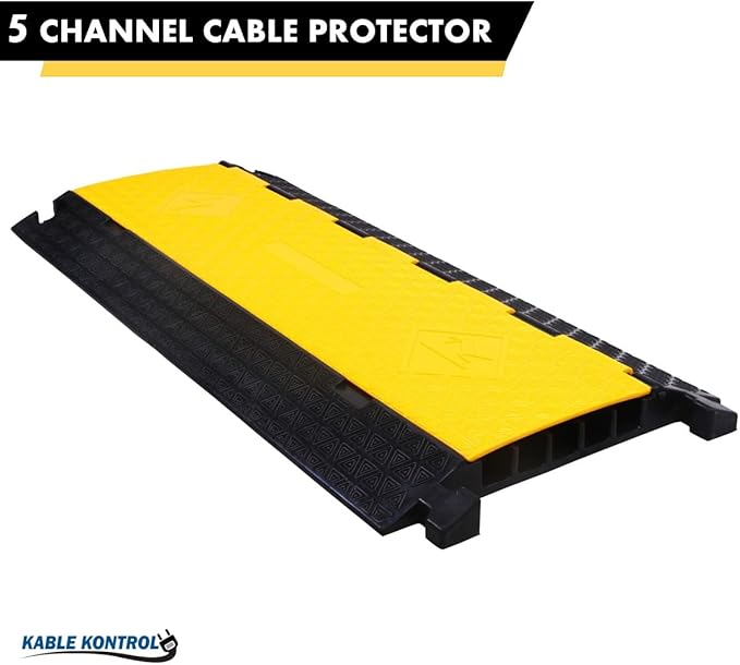 Kable Kontrol Atlas Cable Protector Wire Ramp - 5 Channel – 1 Pc - 35” Long Black & Yellow - 24000 Lbs Load Capacity - Rubber Speed Bump Wire Protector Cord Cover - CP9975
