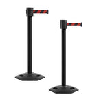 Montour Line MSR760 Set of 2 Retractable Belt Barrier Stanchion, Rubber Base, Black Powder Coated Post (35 ft Black and Red Diagonal Belt)