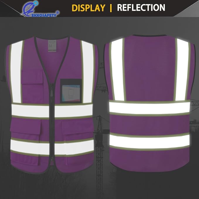 Purple Safety Vest for Men Women Reflective with 8 Pockets and Zipper Front Mesh High Visibility Vest Hi Vis Construction Work Vest,Meets ANSI/ISEA Standards(EKH1-Purple-2XL)