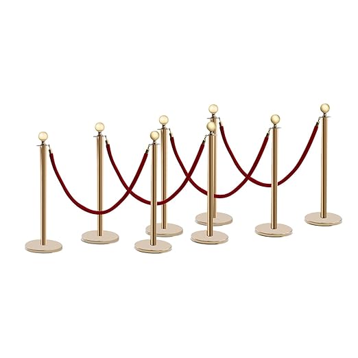 8 PCS Gold Stanchion Posts Queue, Crowd Control Stanchion with 5 Feet Velvet Ropes, Red Carpet Safety Barrier for Party Supplies
