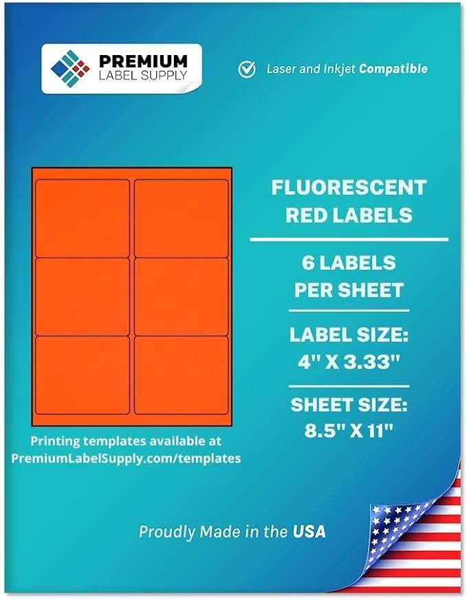 Premium Label Supply Bright Neon Color Fluorescent Stickers - 4" x 3.33" Labels - (Fluorescent Red, 3000 Labels)