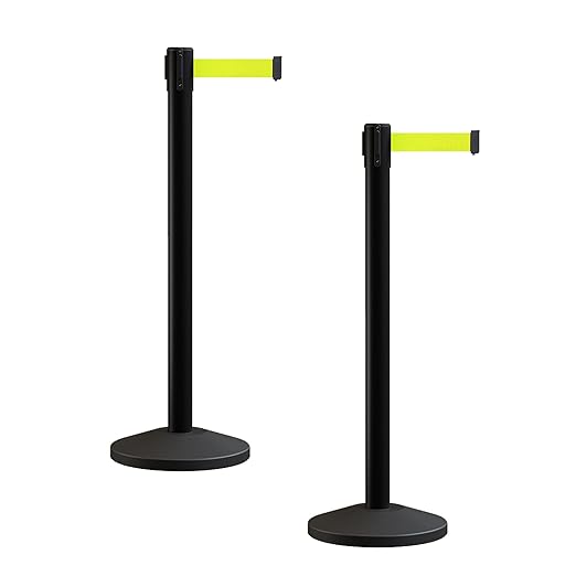 Crowd Control Warehouse CCW Series RBB-100 - Set of 2 Stanchion Retractable Belt Barriers - 11 Foot, Fluorescent Yellow Belt with Black Post - Easy Assembly