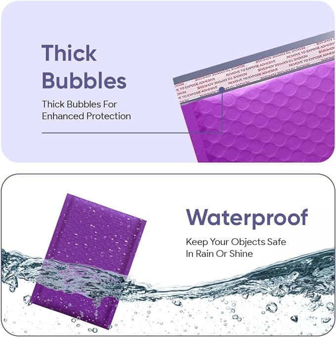 Purple 7.25x12 Inch Poly Bubble Mailers #1 | Self Seal Padded Envelopes | Air Cushioned Bubble Mailer | Usable Size 7.25x11 Inch | 100 Pack Bulk | Waterproof | Lightweight Mailing Shipping Bags
