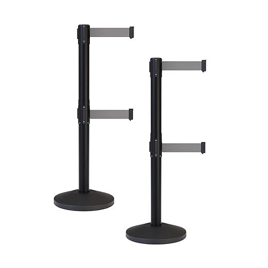 Crowd Control Warehouse CCW Series RBB-100D Set of 2 Stanchion Retractable Belt Barriers - Sloped Base, 11 Foot, Light Grey Dual Belt with Black Post - Easy Assembly