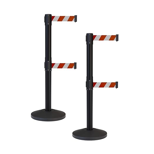 Crowd Control Warehouse CCW Series RBB-100D Set of 2 Stanchion Retractable Belt Barriers - Sloped Base, 11 Foot, Red and White Diagonal Dual Belt with Black Post - Easy Assembly