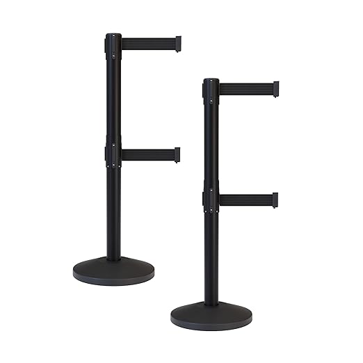 Crowd Control Warehouse CCW Series RBB-100D Set of 2 Stanchion Retractable Belt Barriers - Sloped Base, 7.5 Foot, Black Dual Belt with Black Post - Easy Assembly