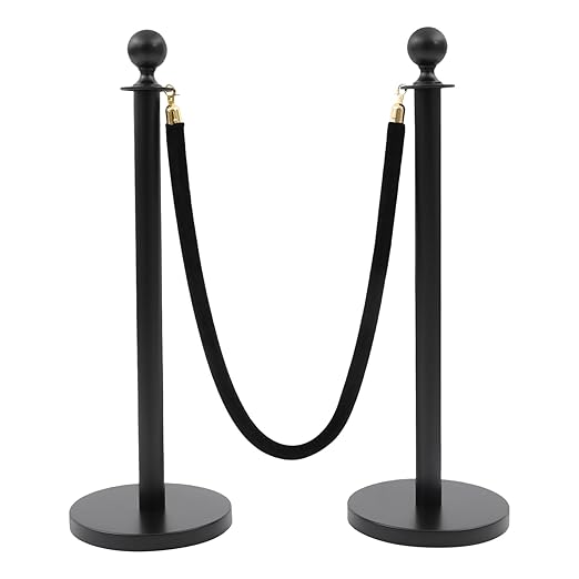 Crowd Control Barriers Black Gold Stanchions Posts, 4 Black Ropes and 8pcs Stainless Steel Poles with Hollow Base, Stanchions with Ropes Set for Airport,Parties,Grand Opening