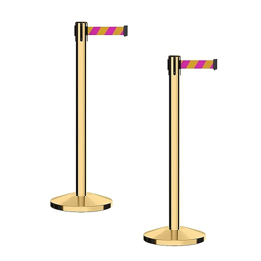CCW Series RBB-100 - Set of 2 Stanchion Retractable Belt Barriers (11 Foot Belt, Magenta and Yellow Diagonal Belt with Polished Brass Post)