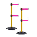 CCW Series WBB-200D - Set of 2 Retractable Dual Belt Stanchion Safety Barrier, Heavy-Duty Rubber Base Yellow Post (7.5 Foot Belt, Fluorescent Pink Belt)
