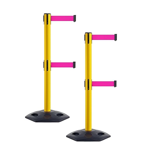 CCW Series WBB-200D - Set of 2 Retractable Dual Belt Stanchion Safety Barrier, Heavy-Duty Rubber Base Yellow Post (7.5 Foot Belt, Fluorescent Pink Belt)