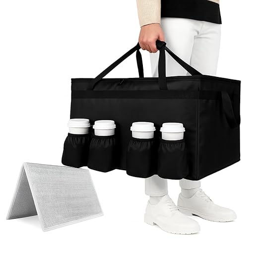 Insulated Food Delivery Bag with 4 Cup Holder and Bottom Support, XX-Large Insulated Grocery Bags Keep Food Hot/Cold, Cooler Bags with Drink Carrier, Food Carrier Catering Bag for Events, Black