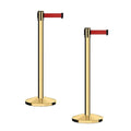 CCW Series RBB-100 - Set of 2 Stanchion Retractable Belt Barriers (7.5 Foot Belt, Red Belt with Polished Brass Post)