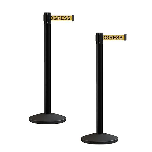 Crowd Control Warehouse CCW Series RBB-100 - Set of 2 Stanchion Retractable Belt Barriers - 7.5 Foot, Yellow"Cleaning in Progress" Black Letters Belt with Black Post - Easy Assembly