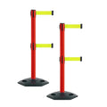 Montour Line MSR630D Set of 2 Retractable Belt Barrier Stanchion, Heavy-Duty Rubber Base, Red Post (11 ft Fluorescent Yellow Dual Belt)