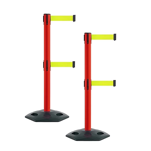 Montour Line MSR630D Set of 2 Retractable Belt Barrier Stanchion, Heavy-Duty Rubber Base, Red Post (11 ft Fluorescent Yellow Dual Belt)