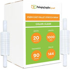 PSBM 144 Rolls 20 Inch x 1000 Feet 90 Gauge Stretch Film/Wrap with Handles, Heavy Duty Industrial Strength Clear Shrink Plastic Wrap for Moving, Packing, Shipping, Pallet Wrapping & Storage