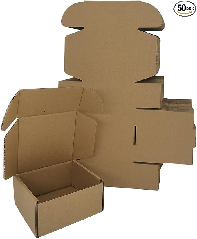 50 Pack Small 4x4x2'' Shipping Boxes, Brown Corrugated Cardboard Mailers for Mailing Packaging Business (BR442-50)
