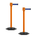 Montour Line MSR760 Set of 2 Retractable Belt Barrier Stanchion, Rubber Base, Orange Post (35 ft Black with Horizontal Blue Stripe Belt)