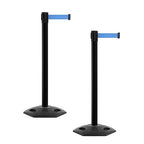CCW Series WBB-200 Set of 2 Outdoor Safety Rubber Base Stanchion Retractable Belt Barriers - Easy to Assemble, No Tools Required (11 Foot Belt, Light Blue Belt with Black Post)