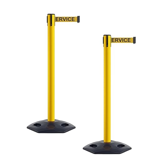 CCW Series WBB-200 Set of 2 Outdoor Safety Rubber Base Stanchion Retractable Belt Barriers - Easy to Assemble (11 Foot Belt, Yellow"Out of Service" Black Letters Belt with Yellow Post)