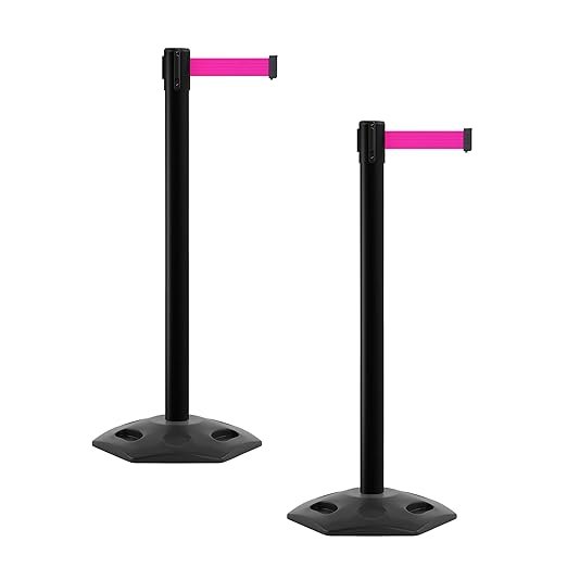 CCW Series WBB-200 Set of 2 Outdoor Safety Rubber Base Stanchion Retractable Belt Barriers - Easy to Assemble, No Tools Required (11 Foot Belt, Fluorescent Pink Belt with Black Post)
