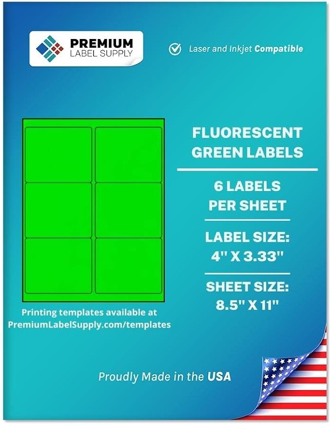 Premium Label Supply Bright Neon Color Fluorescent Stickers - 4" x 3.33" Labels - (Fluorescent Green, 3000 Labels)