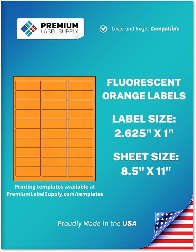Premium Label Supply Bright Neon Color Fluorescent Stickers - 2.625" x 1" Address Labels - (Fluorescent Orange, 3000 Labels)