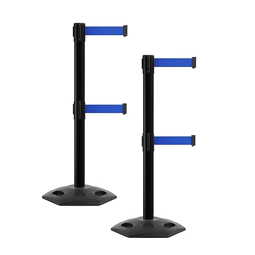 CCW Series WBB-200D - Set of 2 Retractable Dual Belt Barrier Stanchion, Heavy Duty Rubber Base, Black Post (9 Foot Belt, Blue Belt)