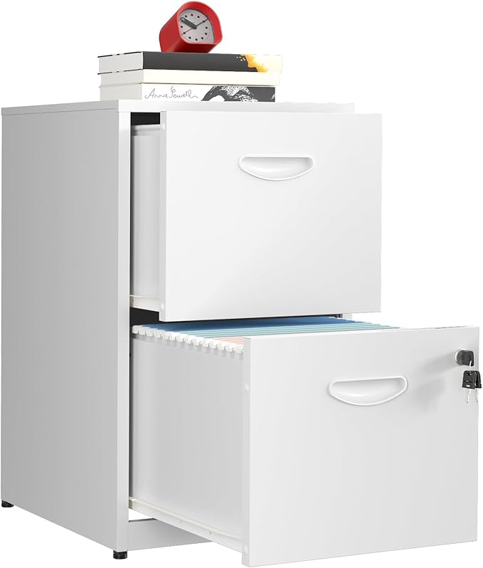 2 Drawer File Cabinet with Lock, Metal Two Drawer Vertical Filing Cabinets, 18" Deep White Filing Cabinet for Home Office, Steel Light Duty Storage for Letter-Size Files - Assemly Required