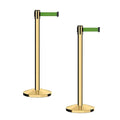 CCW Series RBB-100 - Set of 2 Stanchion Retractable Belt Barriers (9 Foot Belt, Green Belt with Polished Brass Post)