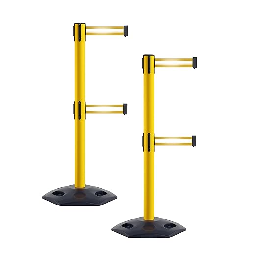 Crowd Control Warehouse CCW Set of 2 Retractable Dual Belt Stanchion Safety Barrier, Heavy-Duty Rubber Base Yellow Post, WBB-200D (9 Foot Belt, Yellow with Horizontal Reflective Stripe Belt)
