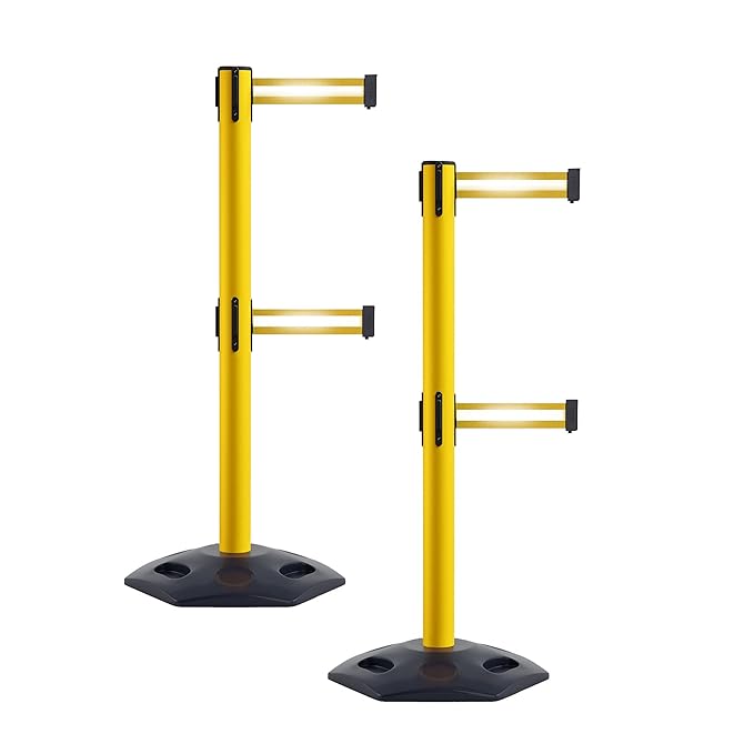 Crowd Control Warehouse CCW Set of 2 Retractable Dual Belt Stanchion Safety Barrier, Heavy-Duty Rubber Base Yellow Post, WBB-200D (11 Foot Belt, Yellow with Horizontal Reflective Stripe Belt)
