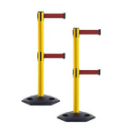 Crowd Control Warehouse CCW Set of 2 Retractable Dual Belt Stanchion Safety Barrier, Heavy-Duty Rubber Base Yellow Post, WBB-200D (11 Foot Belt, Maroon Belt)