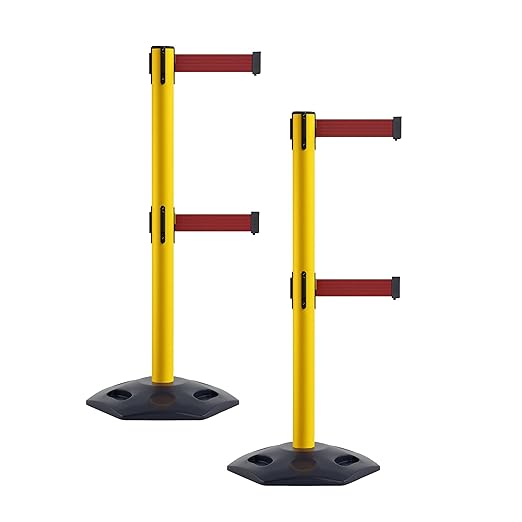 Crowd Control Warehouse CCW Set of 2 Retractable Dual Belt Stanchion Safety Barrier, Heavy-Duty Rubber Base Yellow Post, WBB-200D (9 Foot Belt, Maroon Belt)