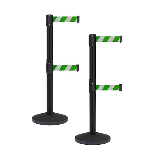 Crowd Control Warehouse CCW Series RBB-100D Set of 2 Stanchion Retractable Belt Barriers - Sloped Base, 11 Foot, Green and White Diagonal Dual Belt with Black Post - Easy Assembly