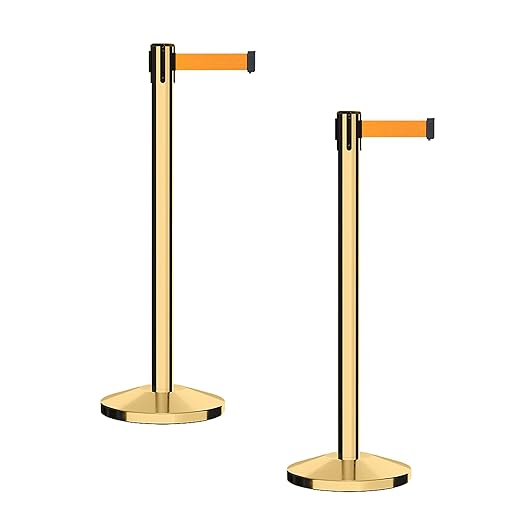CCW Series RBB-100 - Set of 2 Stanchion Retractable Belt Barriers (9 Foot Belt, Fluorescent Orange Belt with Polished Brass Post)