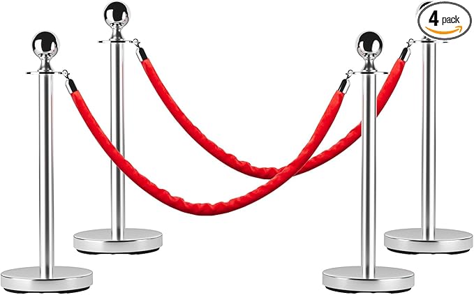 4Pcs Stanchions and Cords Silver Stainless Steel Crowd Control Barriers with 2 Red 4.92Ft Satin Cords Fillable Sand Base No-Tool Assembly for Wedding Party Museum Hotel Exhibition