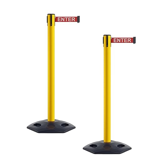 Crowd Control Warehouse CCW Series WBB-200 - Set of 2 Stanchion Retractable Belt Barriers - 11 Foot, Red"Caution - DO NOT Enter" White Letters Belt with Yellow Post - Easy Assembly